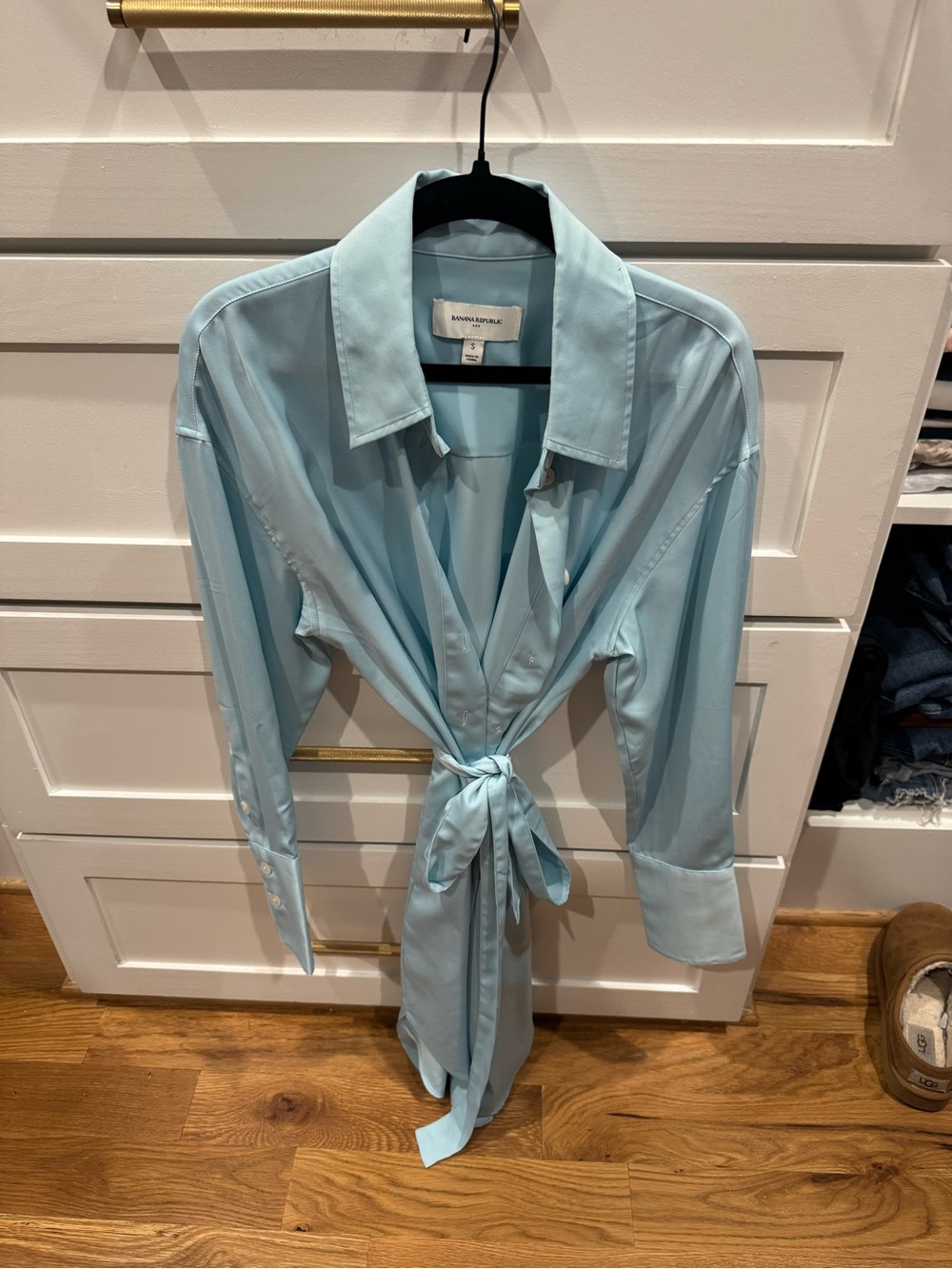 Banana Republic Light Blue Tie-Waist Satin Shirt Dress